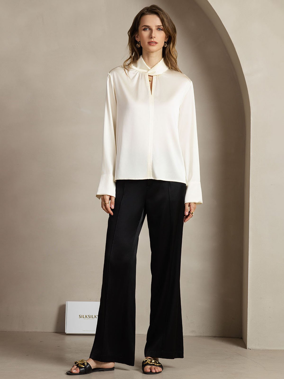 [Elfenbein] SilkSilky-NO 19Momme Silke Womens Shirt 010