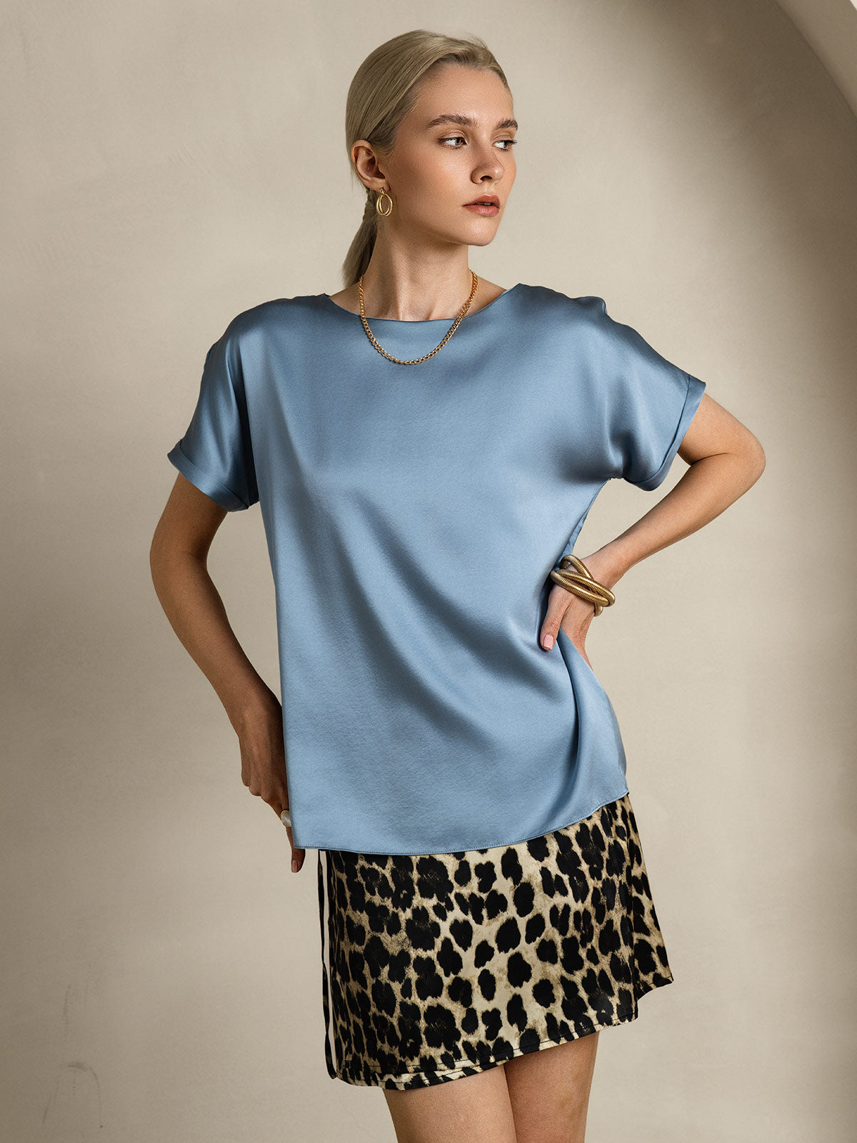 [Gråblå] SilkSilky-NO 19Momme Silke Womens T-Shirt 004
