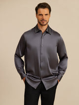[Mørkegrå] SilkSilky-NO Long Sleeve Lapel Collar Skjorte for Menn 003