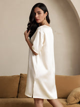 [Beige] SilkSilky-NO Half Sleeve V Neck Nattkjole 002