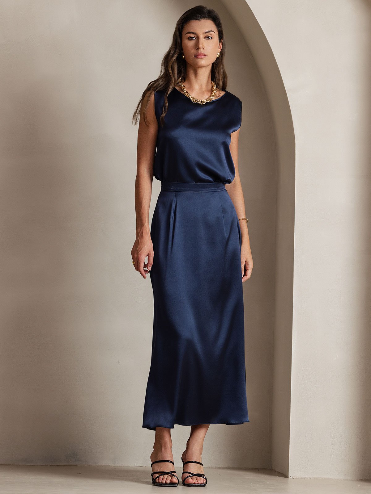 [Mørke blå] SilkSilky-NO 19Momme Silke Skirt 006