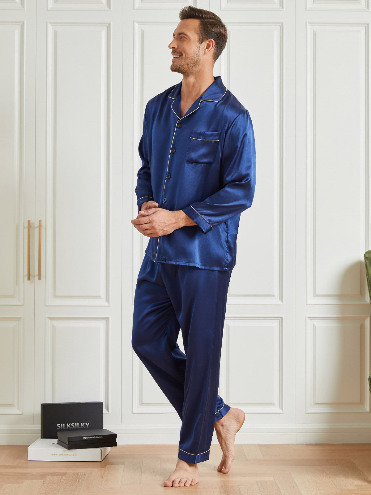 [Mørke blå] SilkSilky-NO 19Momme Mens Pajamas 002