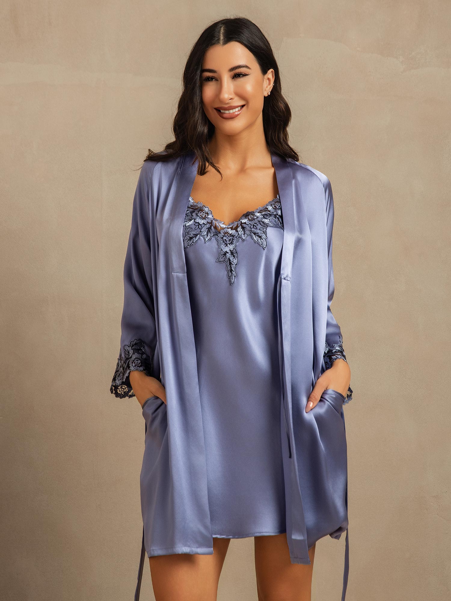 [Stål Blå] SilkSilky-NO Nightgown&Robe Set 007,