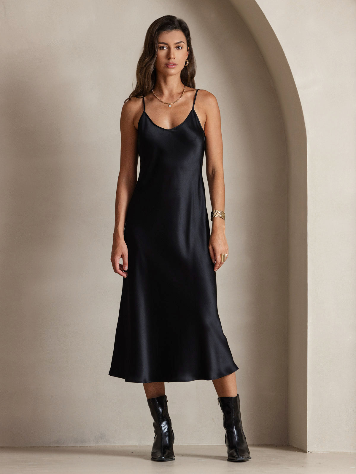 [Svart] SilkSilky-NO Pure Silk Sleeveless Round Neck Kjole 003