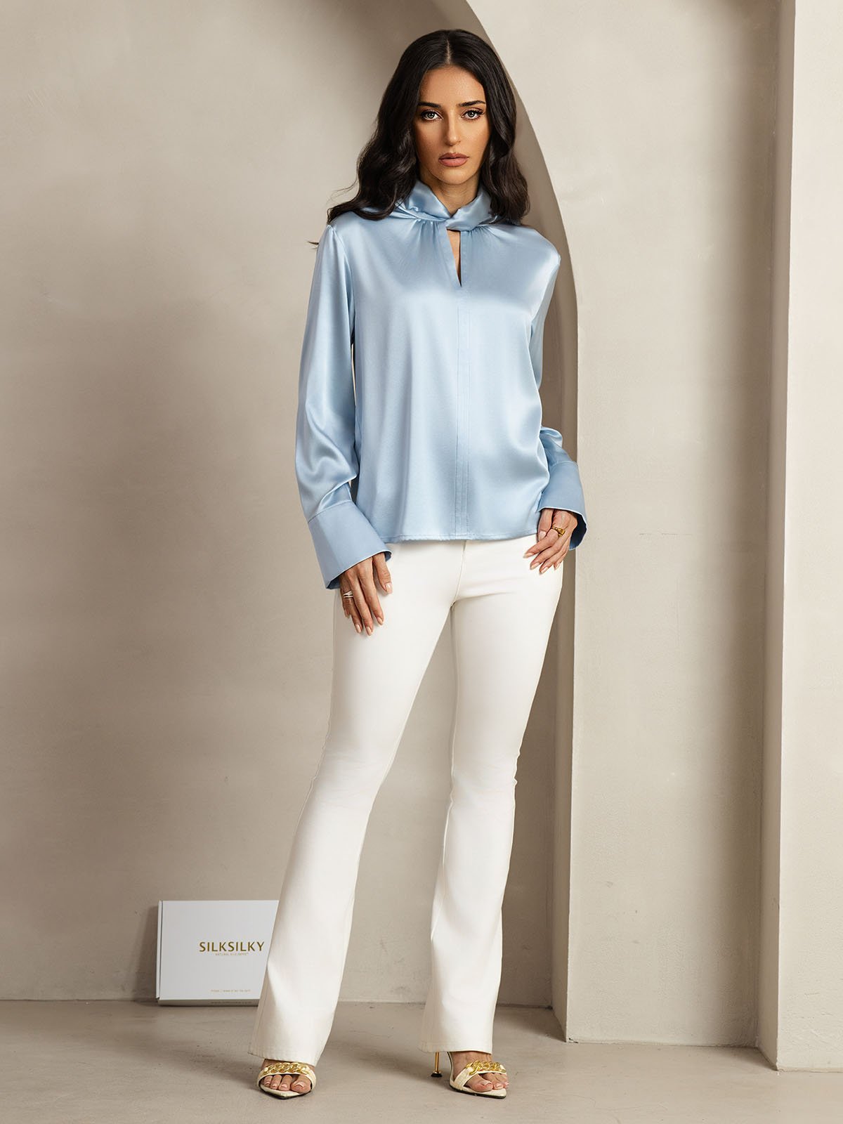 [Gråblå] SilkSilky-NO 19Momme Silke Womens Shirt 011