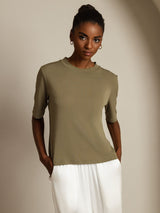 [Brent Oliven] SilkSilky-NO Halv erme Crew Neck T-skjorte for Kvinner 003