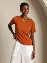 [Oransje] SilkSilky-NO Short Sleeve V Neck T-skjorte for Kvinner 007