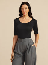[Svart] SilkSilky-NO Halv erme Scoop Neck T-skjorte for Kvinner 005