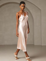 [Rosa] SilkSilky-NO Spaghetti Strap V Neck Kjole 003