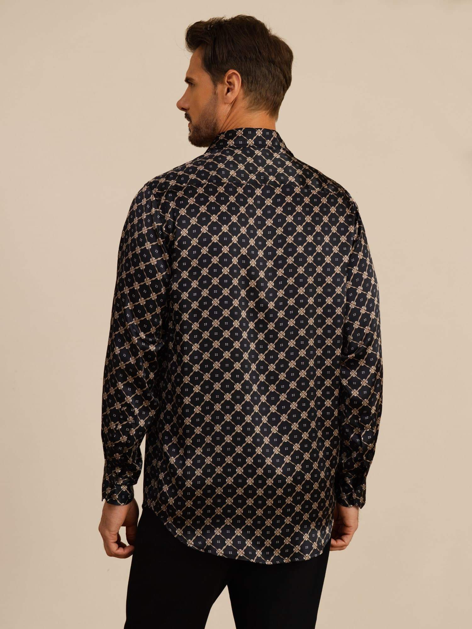 [Svart Kjede] SilkSilky-NO Langermet Slagkrage Skjorte for Menn 002