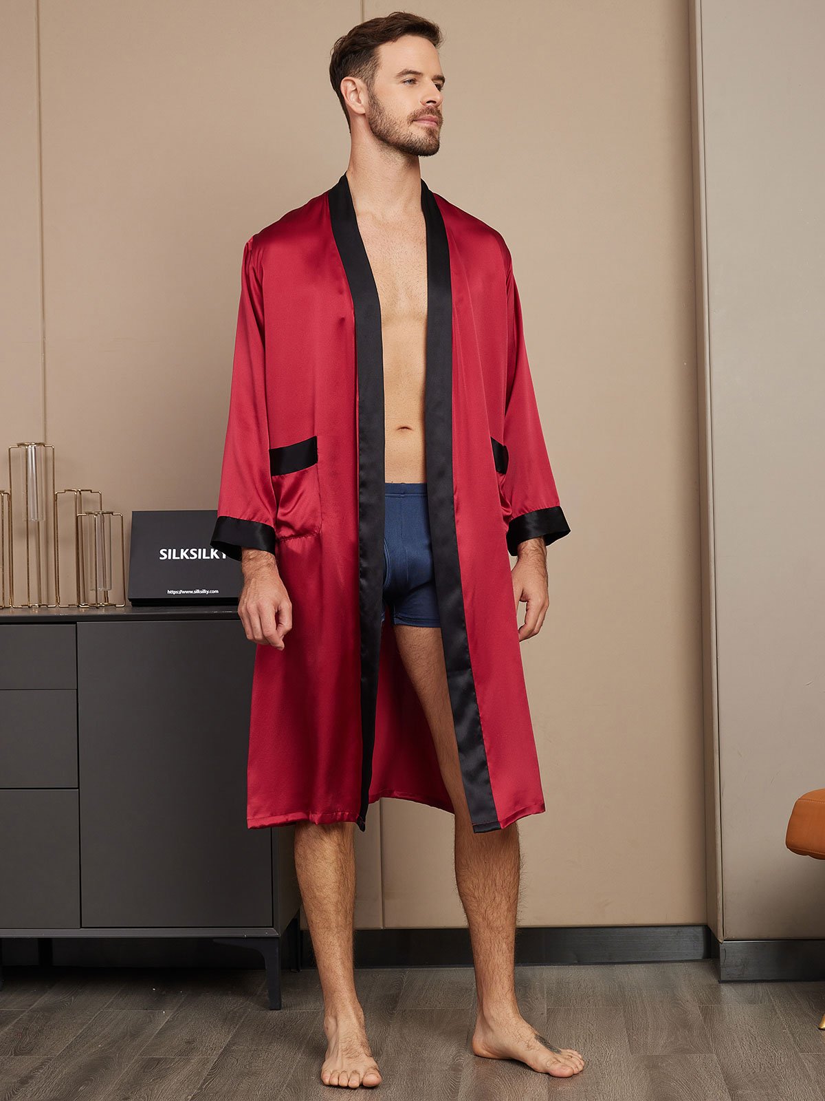 SilkSilky US Pure Silk Long Sleeve Mens Robe Wine 003