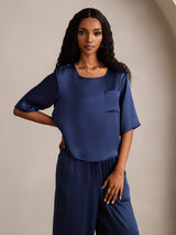 [Mørke blå] SilkSilky-NO Halv erme Round Neck Pyjamas for Kvinner 007
