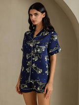 [Marineblå Løve] SilkSilky-NO Short Sleeve Notch Collar Pyjamas for Kvinner 003