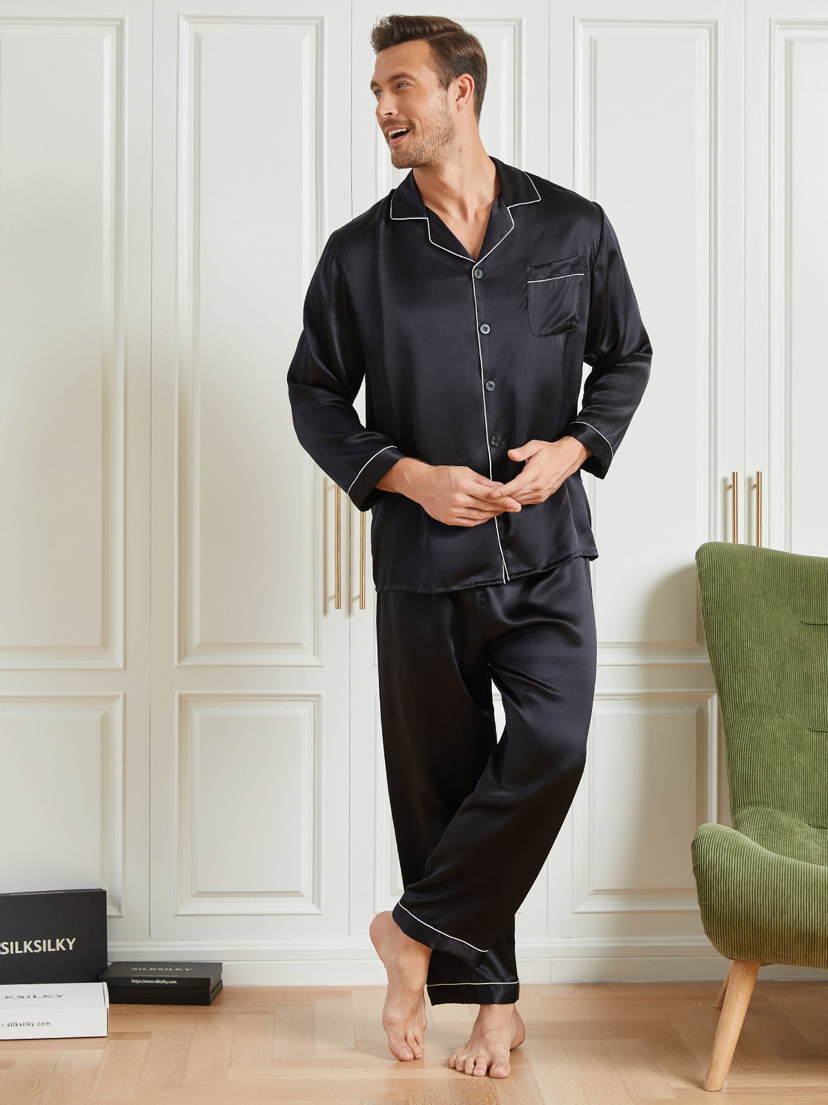 [Svart] SilkSilky-NO 19Momme Mens Pajamas 001