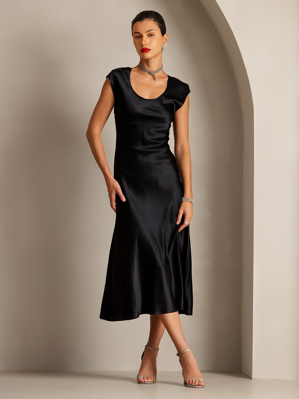 [Svart] SilkSilky-NO 19Momme Silke Dress 005