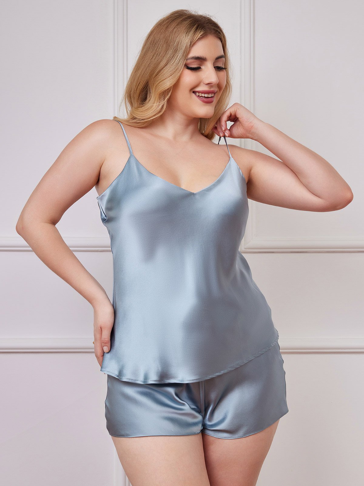[Gråblå] SilkSilky-NO Pure Silk V-Hals Plus Size Camisole Set 005