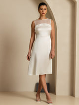 [Hvit] SilkSilky-NO 19Momme Sleeveless Illusion Neck Kjole 005