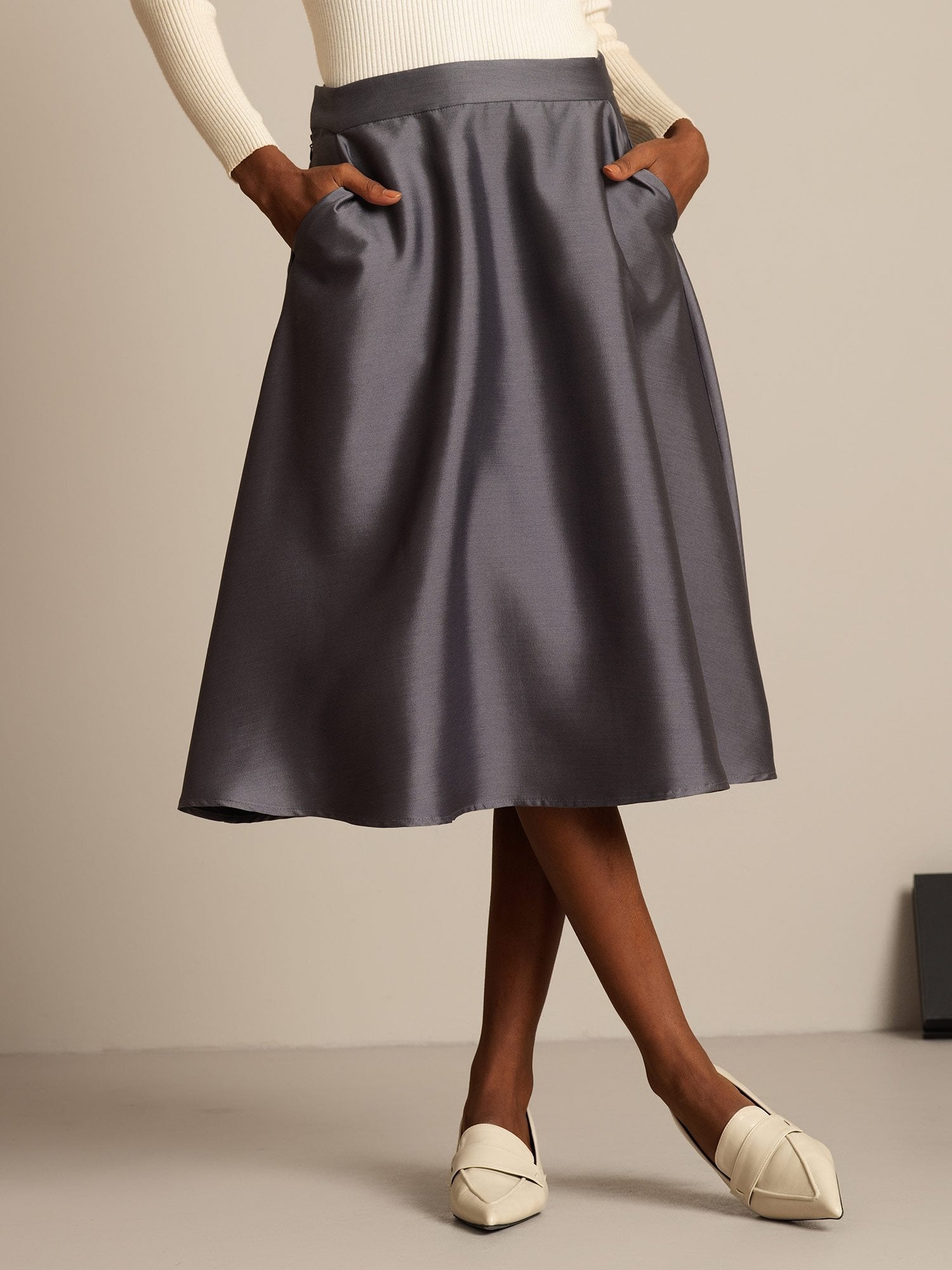 [Grå] SilkSilky-NO 32Momme Silk-Wool Blend Skirt 001,