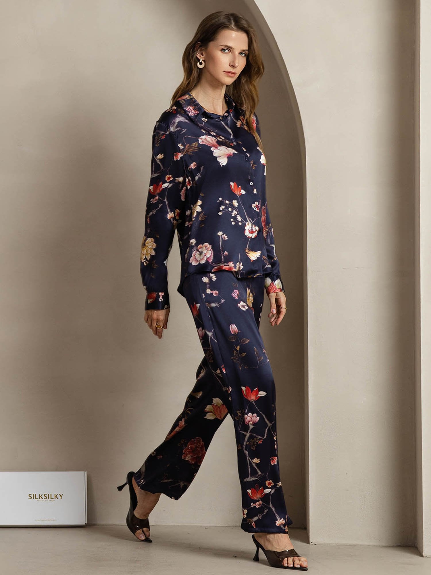 [MarineBlomster] SilkSilky-NO 19Momme Silke Lapel Collar Women''s Outfit Sets 005