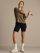 [Brent Oliven] SilkSilky-NO Halv erme Tett Crew Neck T-skjorte for Kvinner 006