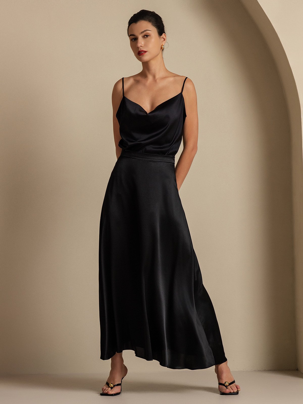 [Svart] SilkSilky-NO 19Momme Silke Womens Outfit Sets 008,