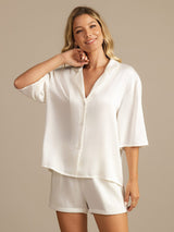 [Hvit] SilkSilky-NO 19Momme Halv erme Notchkrage Pyjamas for Kvinner 005