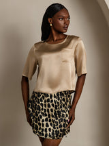 [Champagne] SilkSilky-NO Halv erme Dyp Rund Halsutringning T-skjorte for Kvinner 001