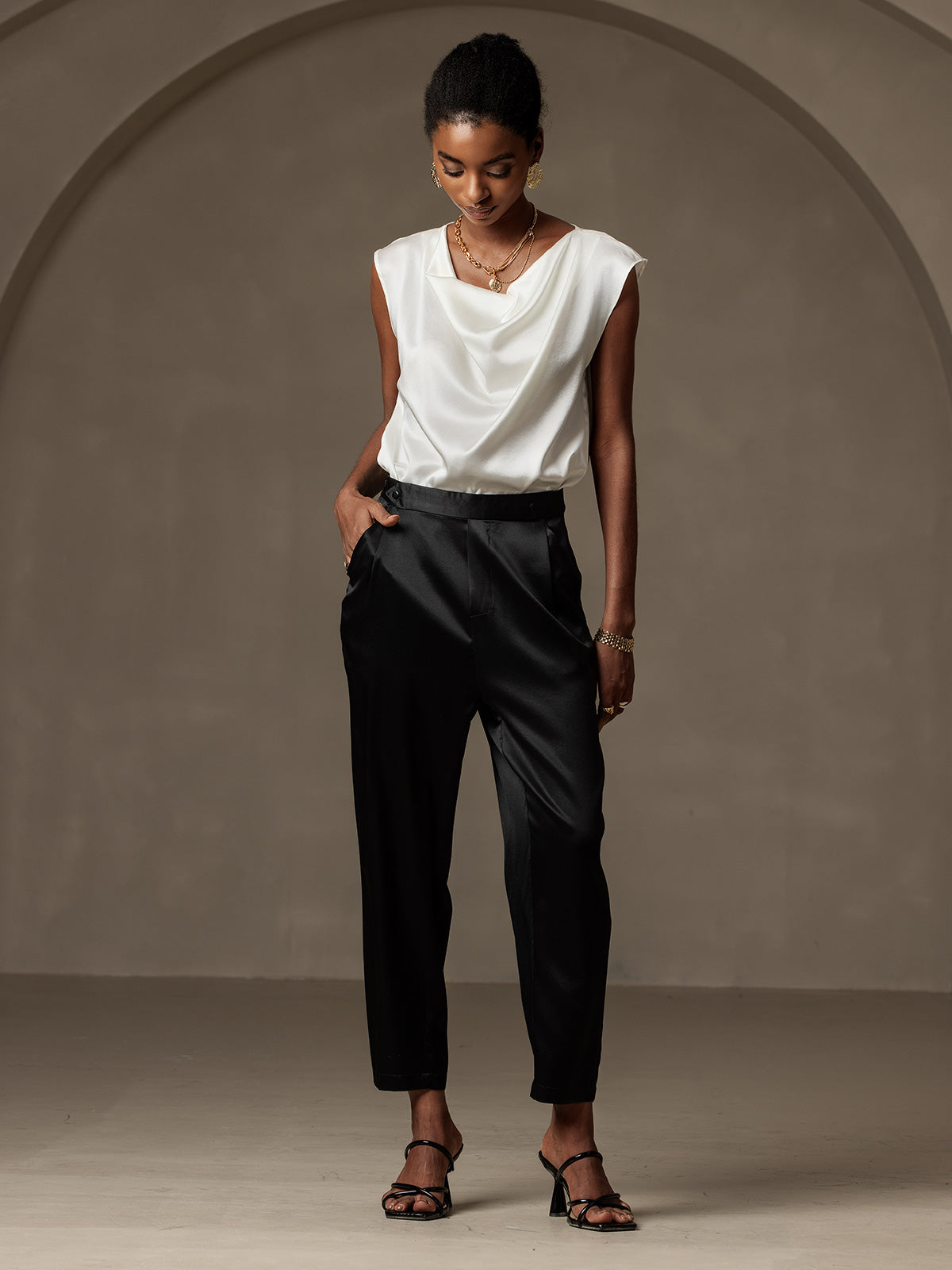 [Svart] SilkSilky-NO 19Momme Silke Womens Pants 001