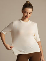 [Beige] SilkSilky-NO Halv erme Tett Crew Neck T-skjorte for Kvinner 003