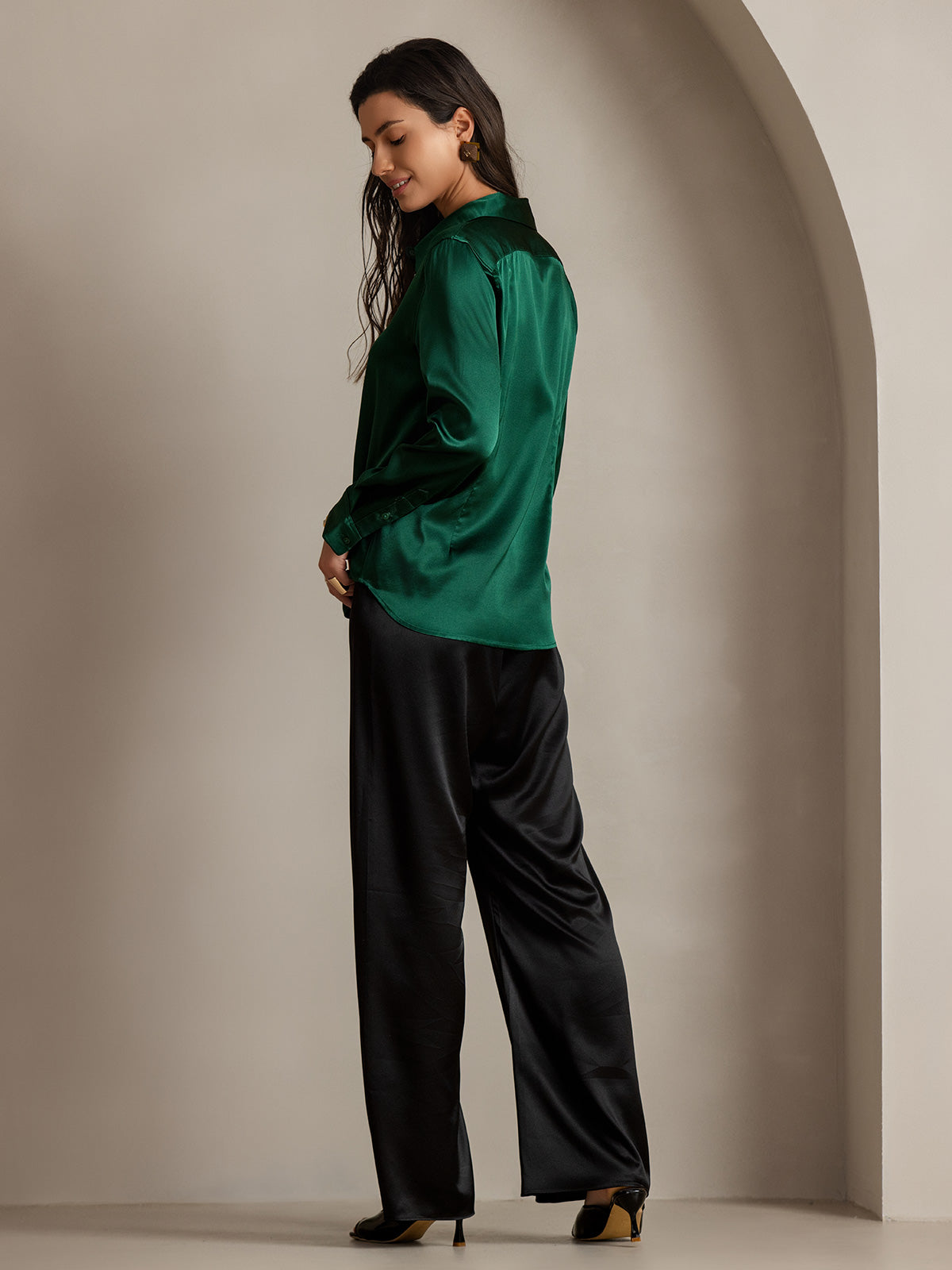 [Mørk Grønn] SilkSilky-NO Long Sleeve Lapel Collar Skjorte for Kvinner 002