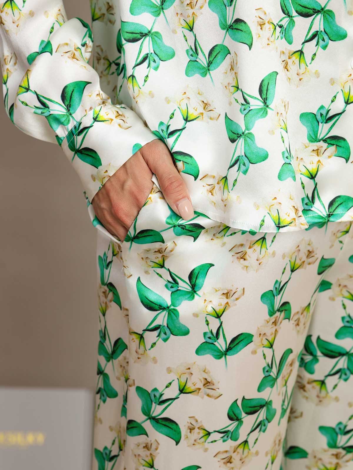 [Grønn Blomster] SilkSilky-NO 19Momme Silke Womens Outfit Sets 006