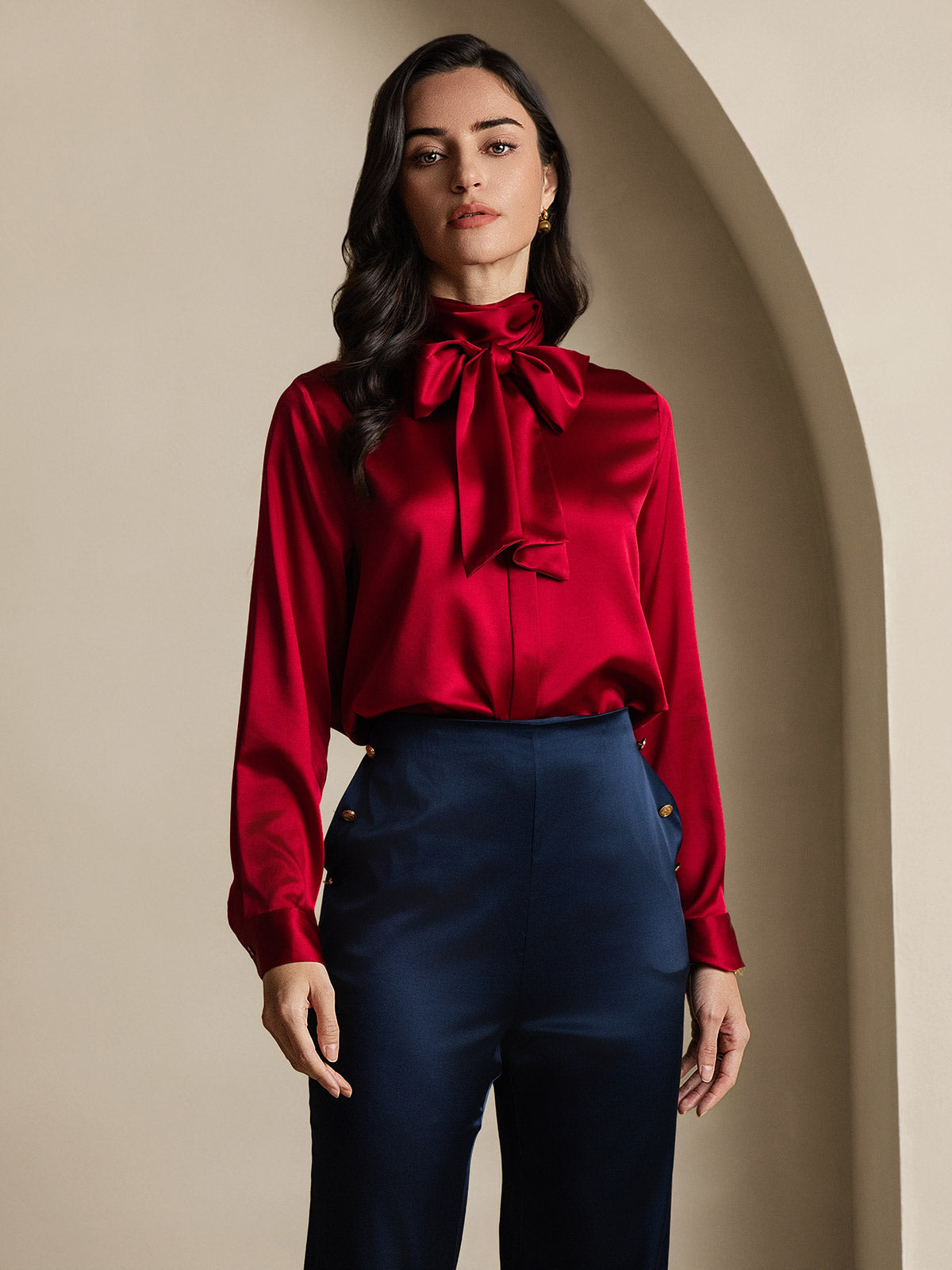 [Vin] SilkSilky-NO 19Momme Silke Long Sleeve Tie Neck Skjorte for Kvinner 006