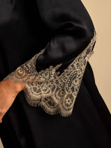 [Svart] SilkSilky-NO 3/4 Sleeve V Neck Nattkjole og Morgenkåpesett 004