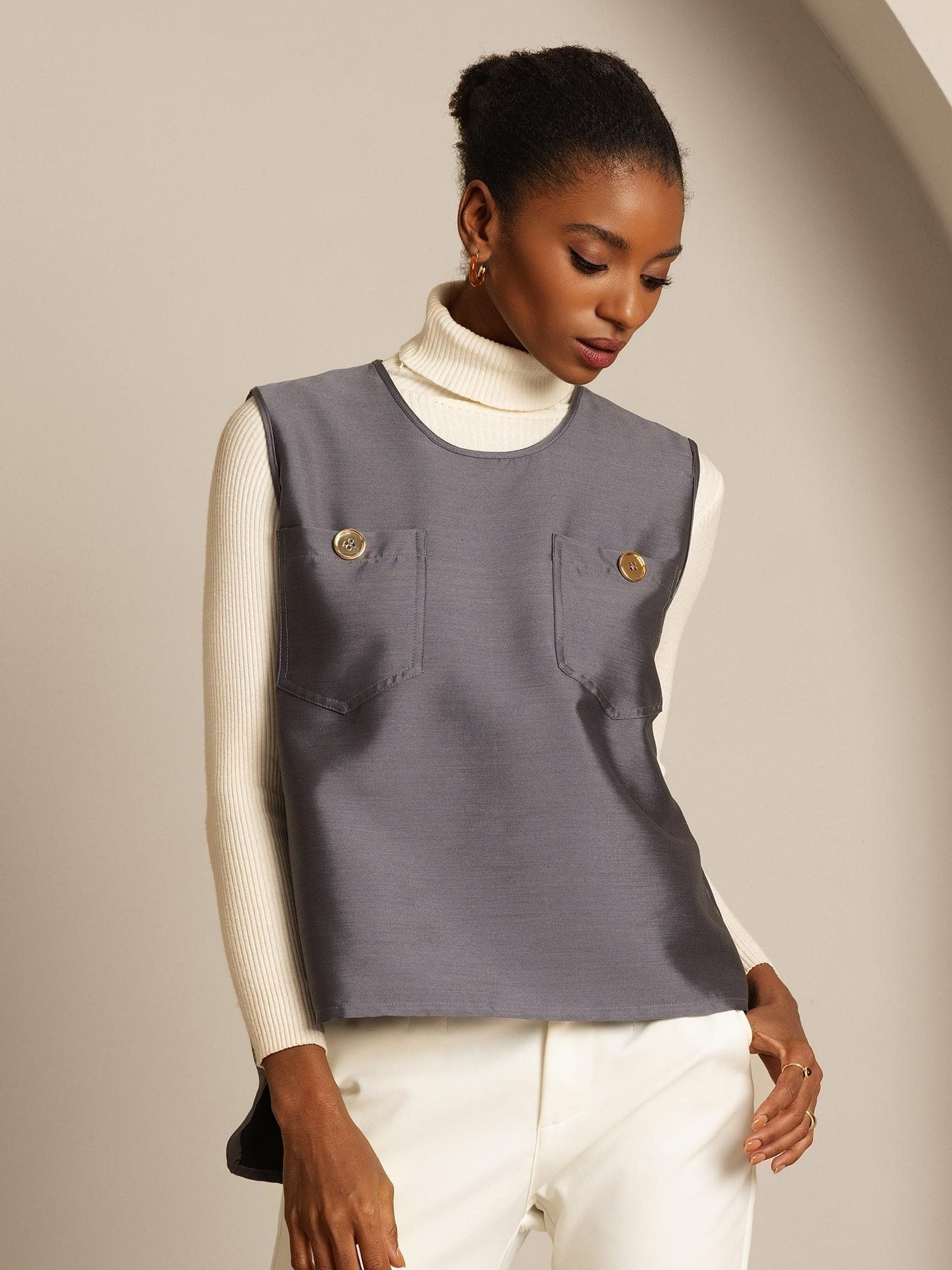 [Grå] SilkSilky-NO 32Momme Silk-Wool Blend Womens Vest 006,