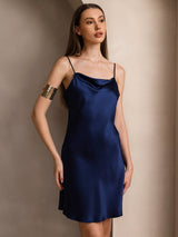 [Mørke blå] SilkSilky-NO Spaghetti Strap Cowl Neck Kjole 006