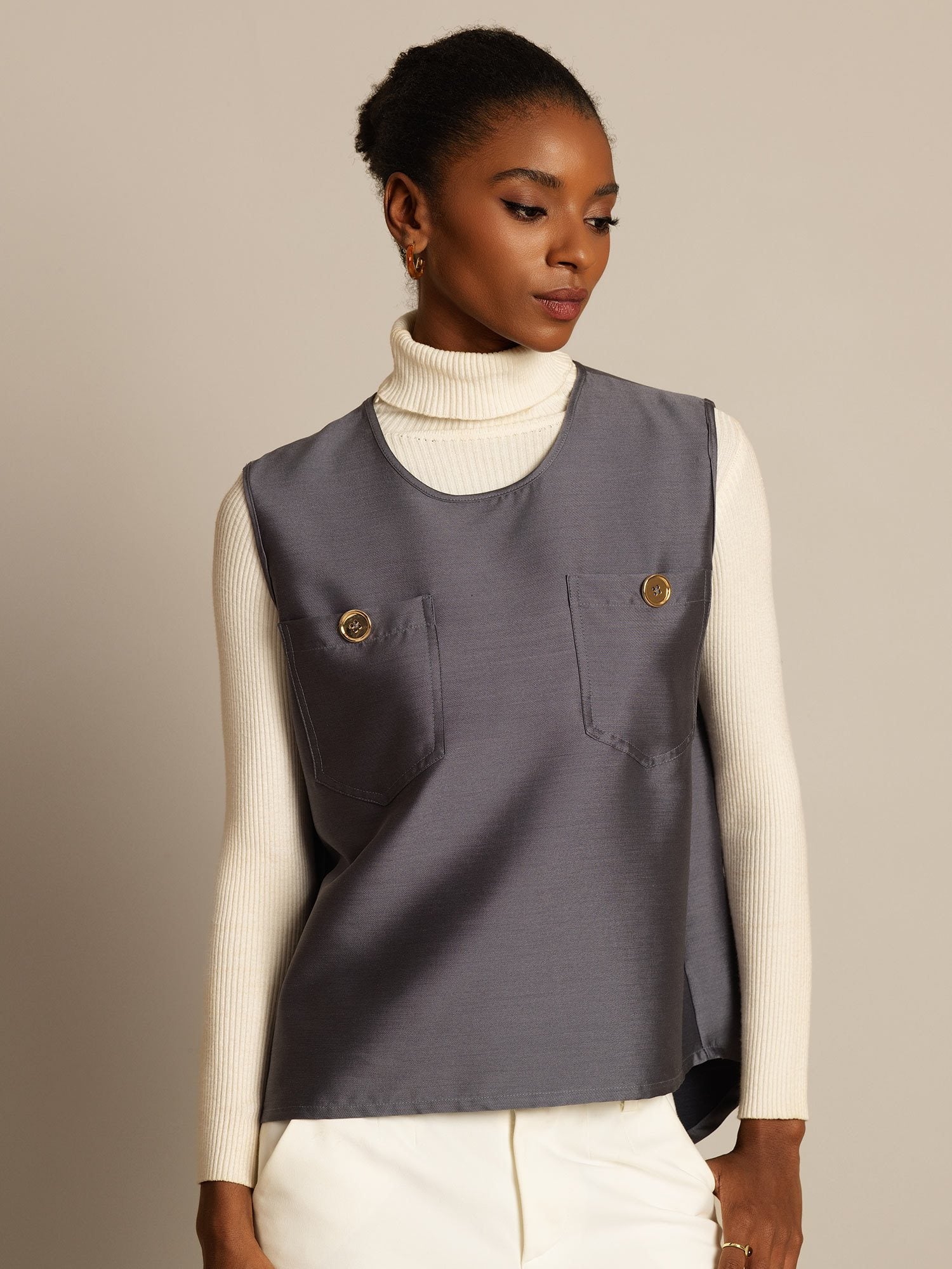 [Grå] SilkSilky-NO 32Momme Silk-Wool Blend Womens Vest 004,