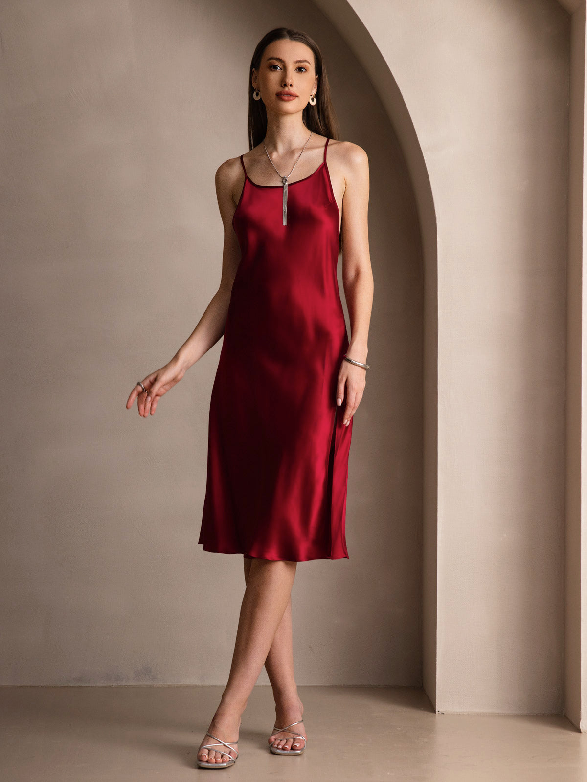 SilkSilky US Pure Silk Sleeveless Round Neck Dress Wine 005