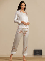 [Hvit] SilkSilky-NO 19Momme Langermet Notchkrage Pyjamas for Kvinner 001