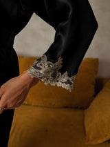 [Svart] SilkSilky-NO 3/4 Sleeve Morgenkåpe for Kvinner 003