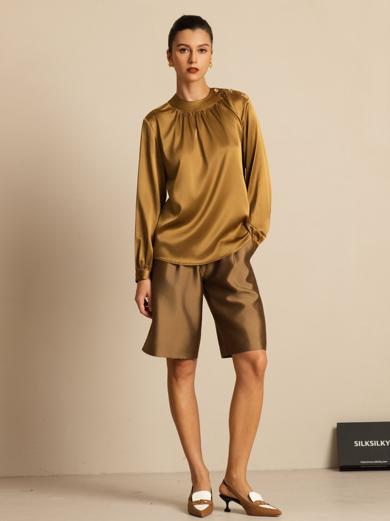 [Bronse] SilkSilky-NO 19Momme Silke Langermet Rund Hals Bluse 006