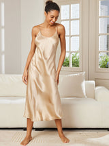 [Champagne] SilkSilky-NO Spaghetti Strap V Neck Nattkjole 003