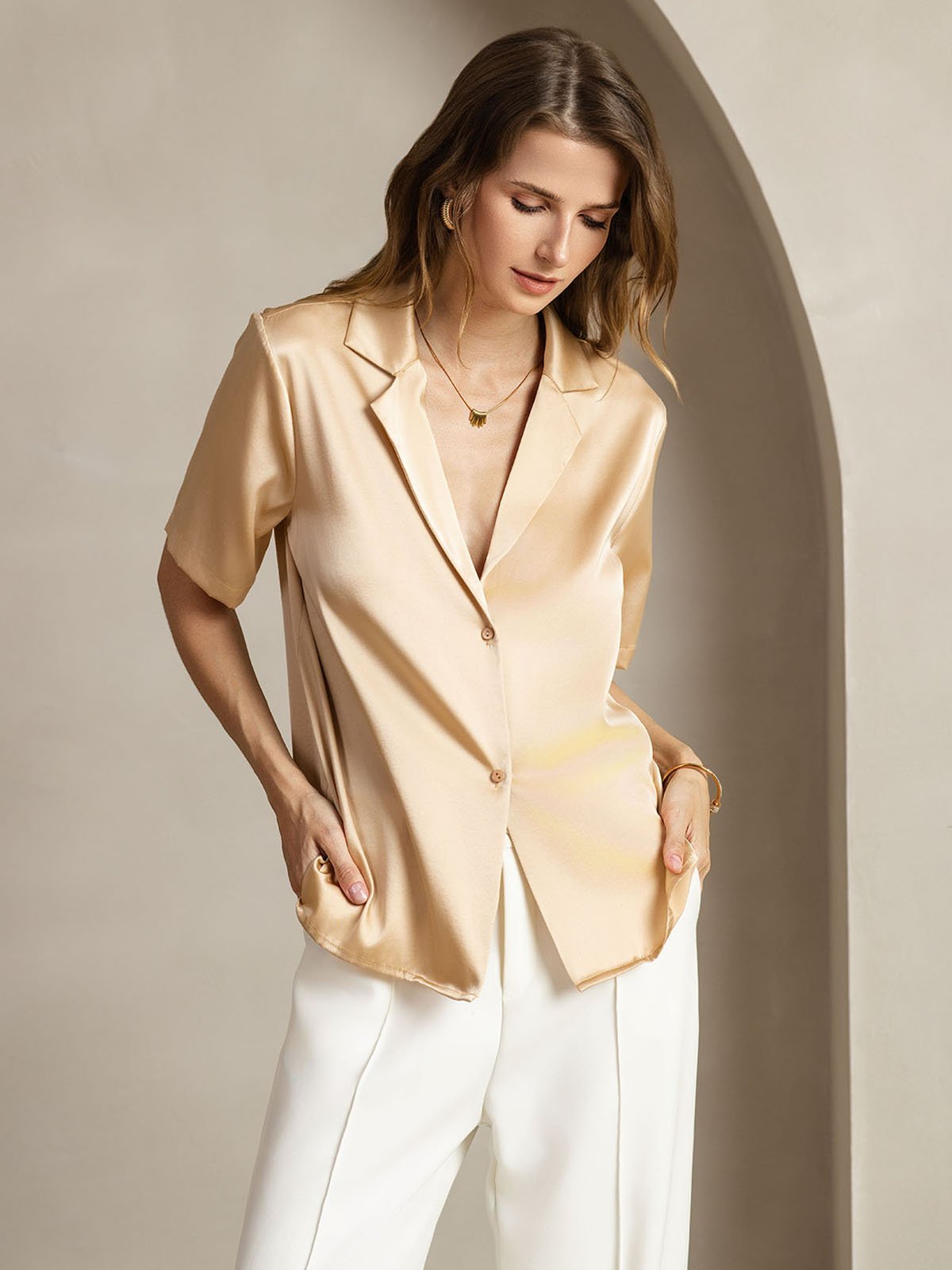 [Champagne] SilkSilky-NO 19Momme Silke Womens Shirt 001