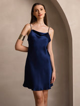 [Mørke blå] SilkSilky-NO Spaghetti Strap Cowl Neck Kjole 005