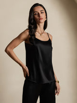 [Svart] SilkSilky-NO 19Momme Spaghetti Stropp Dyp Rund Halsutringning Camisole Topp 004