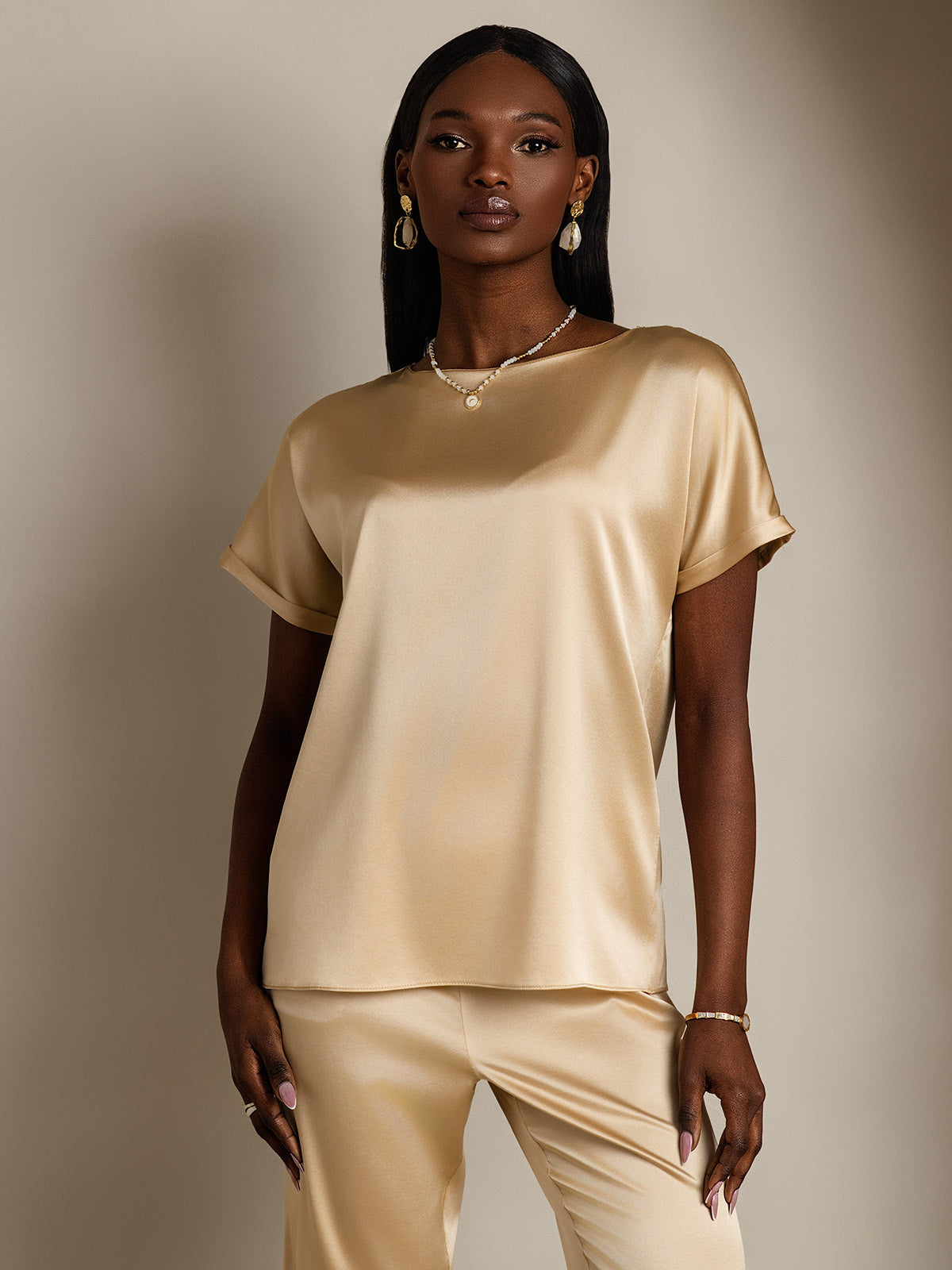 [Champagne] SilkSilky-NO 19Momme Silke Womens T-Shirt 001,