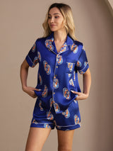 [Marineblå Sjøhest] SilkSilky-NO Short Sleeve Lapel Collar Pyjamas for Kvinner 004
