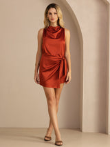 [Karamell] SilkSilky-NO Sleeveless Cowl Neck Kjole 006