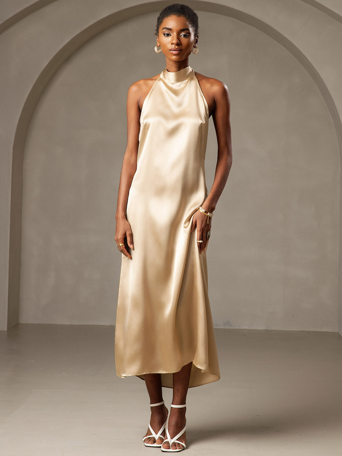 SilkSilky US 19Momme Silk Blend Sleeveless Dress Champagne 005