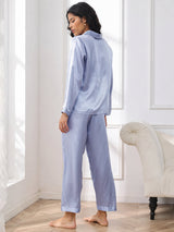 [Stål Blå] SilkSilky-NO Long Sleeve Lapel Collar Pyjamas for Kvinner 002