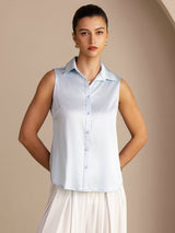 [Lyse Blå] SilkSilky-NO Sleeveless Lapel Collar Skjorte for Kvinner 003